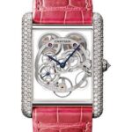 Cartier Feminine Complications Watch – 30 mm White Gold Diamond Case – Diamond Bezel – Silver Dial – Fuchsia Alligator Strap – HPI00705