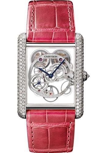 Cartier Feminine Complications Watch – 30 mm White Gold Diamond Case – Diamond Bezel – Silver Dial – Fuchsia Alligator Strap – HPI00705