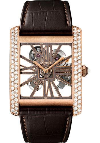 Cartier Tank MC Skeleton Watch – 34.5 mm Pink Gold Diamond Case – Diamond Bezel – Pink Gold Dial – Brown Alligator Strap – HPI00715