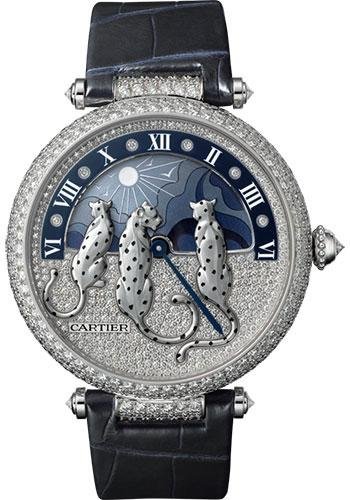 Cartier Reves de Pantheres Watch – 42.75 mm White Gold Diamond Case – White Gold Dial – Blue Alligator Strap – HPI00930
