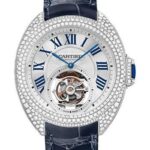 Cartier Cle de Cartier Flying Tourbillon Watch – 35 mm White Gold Diamond Case – Brass Dial – Navy Blue Alligator Strap – HPI00933