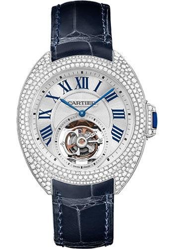 Cartier Cle de Cartier Flying Tourbillon Watch – 35 mm White Gold Diamond Case – Brass Dial – Navy Blue Alligator Strap – HPI00933