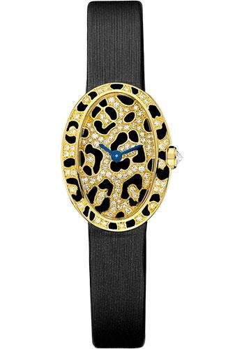 Cartier Mini Baignoire Panther Spots Watch – Yellow Gold Diamond Case – Diamond Dial – Dark Gray Fabric Strap – HPI00962