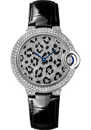 Cartier Ballon Bleu de Cartier Panther Spots Watch – 33 mm White Gold Diamond Case – Diamond Dial – Black Alligator Strap – HPI01064