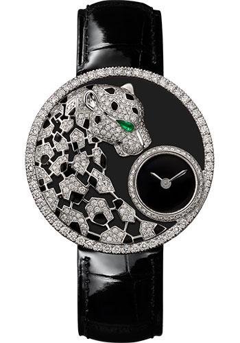 Cartier Panthere Dentelle Watch – 36 mm White Gold Diamond Case – Black Dial – Black Leather Strap – HPI01294