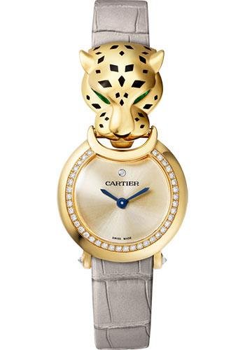 Cartier Panthere de Cartier Watch – 22 mm Yellow Gold Diamond Case – Gold Dial – Gray Leather Strap – HPI01297