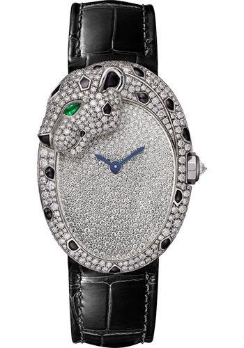 Cartier Panthere Lovee Watch – White Gold Diamond Case – Diamond-Set Shagreen Dial – Black Alligator Strap – HPI01352