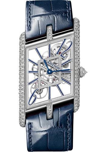 Cartier Tank Asymetrique Watch – 47.15 mm x 26.20 mm Platinum Diamond Case – Skeleton Dial – Navy Blue And Black Alligator Straps Limited Edition of 100 – HPI01370