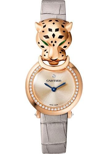 Cartier La Panthere Watch – 23.6 mm Pink Gold Diamond Case – Pink Dial – Light Gray Leather Strap – HPI01379