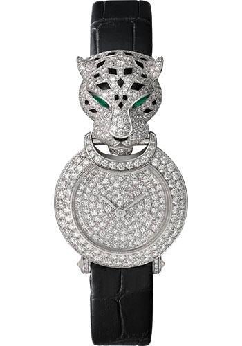 Cartier La Panthere Watch – 23.6 mm White Gold Diamond Case – White Gold Dial – Black Leather Strap – HPI01426