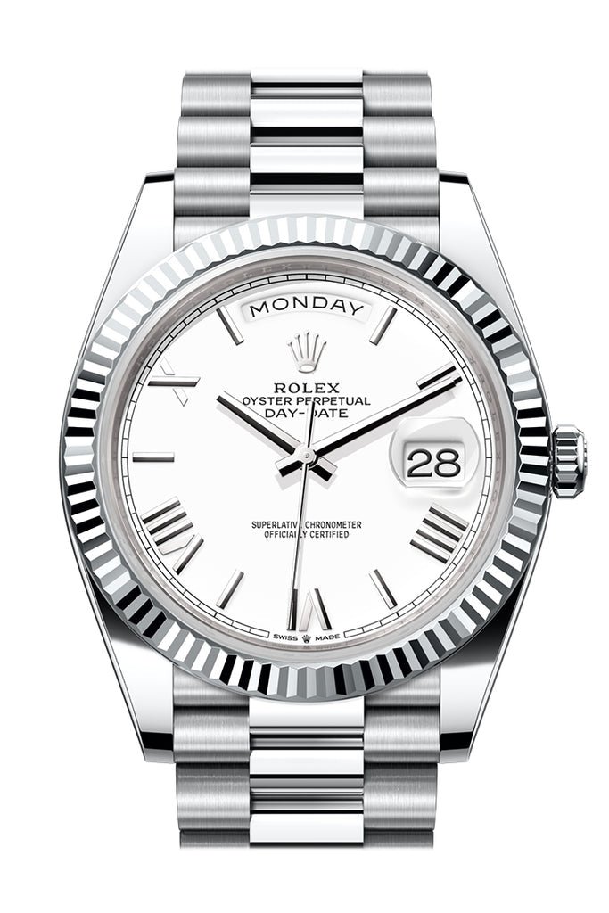 Rolex Day-Date 40 White Dial Fluted Bezel Platinum President Men’s Watch 228236