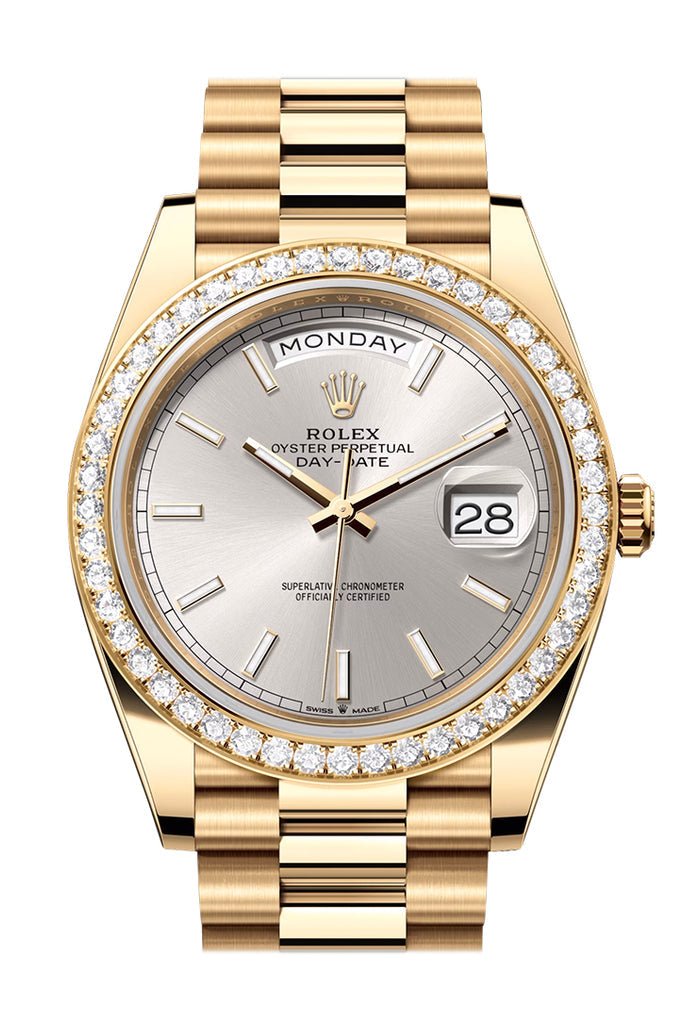 Rolex Day-Date 40 Silver Dial Diamond Bezel Yellow Gold President Men’s Watch 228348RBR 228348