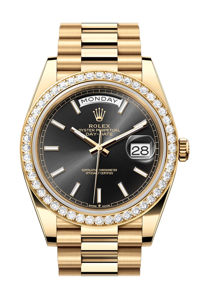 Rolex Day-Date 40 Bright Black Dial Diamond Bezel Yellow Gold President Men’s Watch 228348RBR 228348