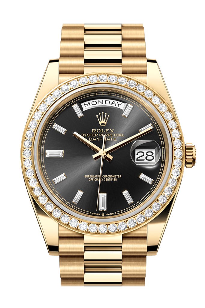 Rolex Day-Date 40 Bright Black Dial Diamonds Dial Diamond Bezel Yellow Gold President Men’s Watch 228348RBR 228348