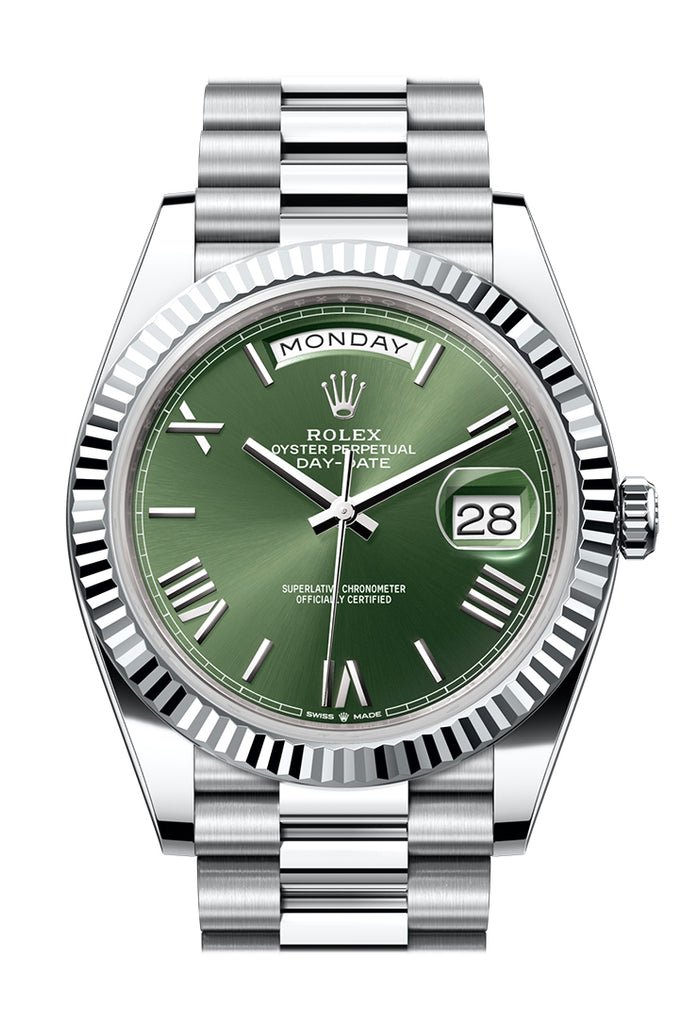Rolex Day-Date 40 Olive Green Dial Fluted Bezel Platinum President Men’s Watch 228236
