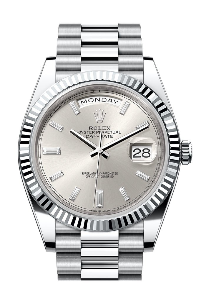 Rolex Day-Date 40 Silver Diamonds Dial Fluted Bezel Platinum President Men’s Watch 228236