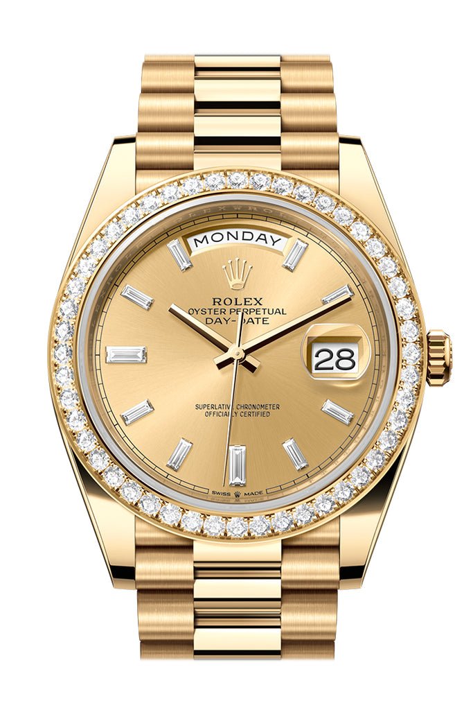 Rolex Day-Date 40 Champagne Baguette Diamonds Dial Yellow Gold President Men’s Watch 228348RBR 228348
