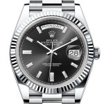 Rolex Day-Date 40 Bright Black 10 baguette-cut Diamonds Dial Fluted Bezel Platinum President Men’s Watch 228236