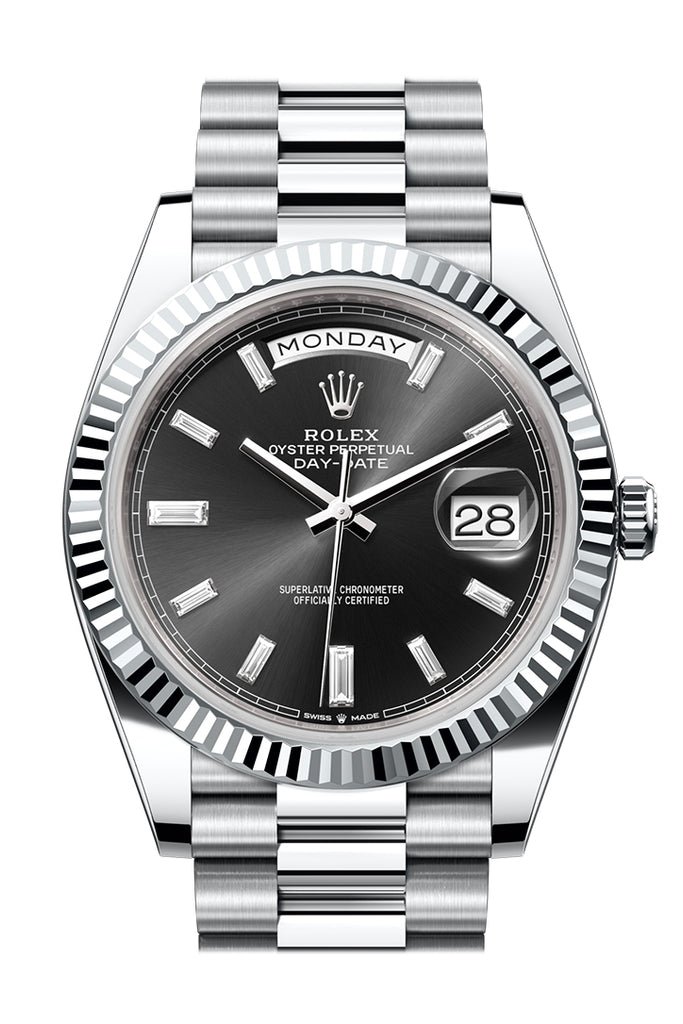 Rolex Day-Date 40 Bright Black 10 baguette-cut Diamonds Dial Fluted Bezel Platinum President Men’s Watch 228236