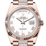 Rolex Day-Date 36 White Dial Fluted Bezel 18K Everose gold Diamond President Watch 128235