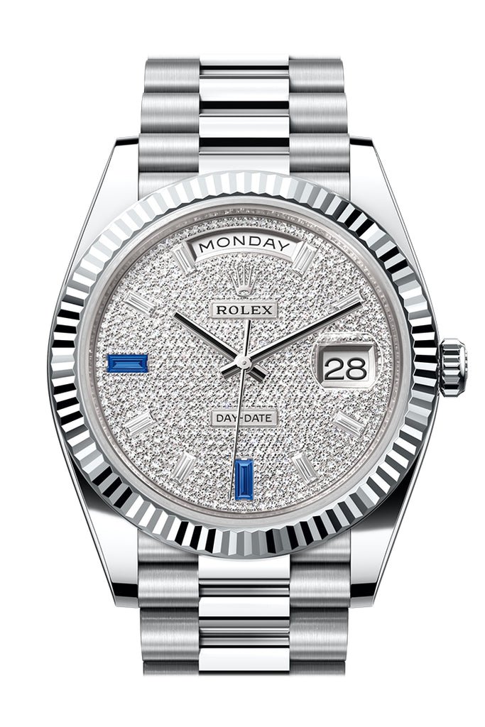 Rolex Day-Date 40 Diamond-Paved Dial Dial Fluted Bezel Platinum President Men’s Watch 228236