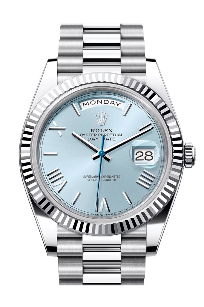 Rolex Day-Date 40 Ice-Blue Roman Dial Dial Fluted Bezel Platinum President Men’s Watch 228236