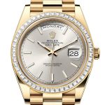Rolex Day-Date 40 Silver Dial Baguette Diamond Bezel 18K Yellow Gold President Men’s Watch 228398TBR