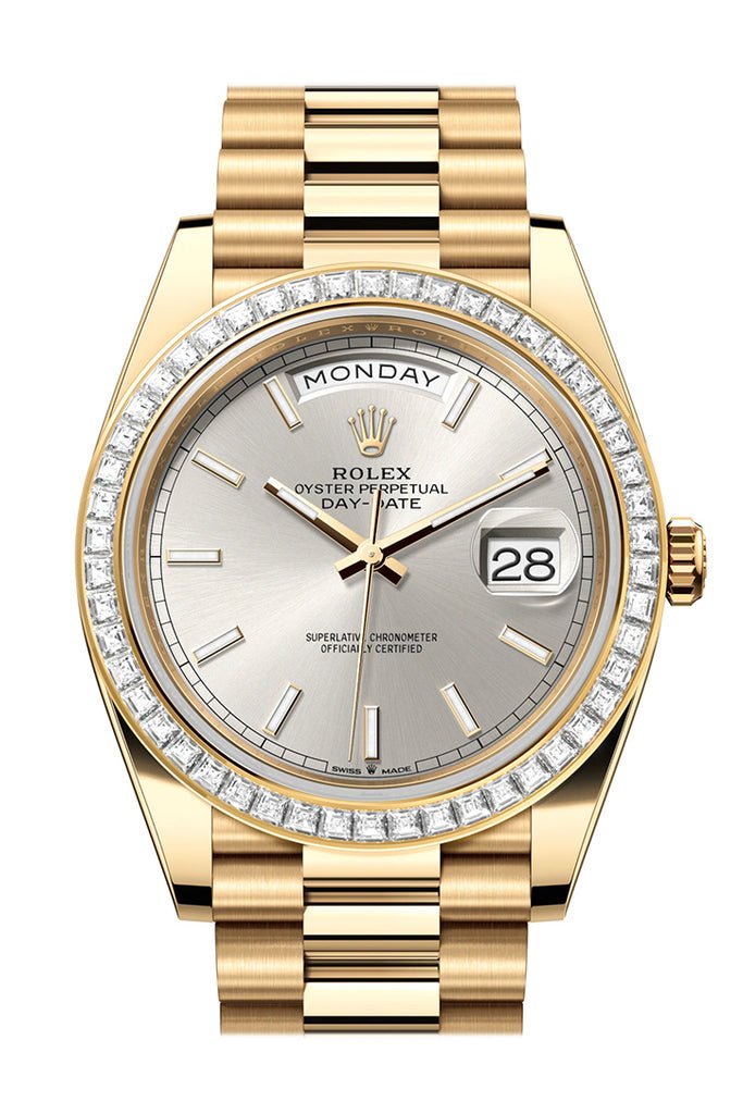 Rolex Day-Date 40 Silver Dial Baguette Diamond Bezel 18K Yellow Gold President Men’s Watch 228398TBR
