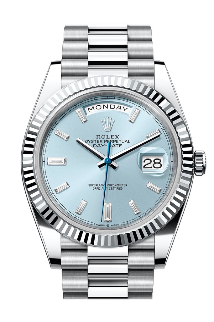 Rolex Day-Date 40 Ice-Blue Diamond Dial Dial Fluted Bezel Platinum President Men’s Watch 228236