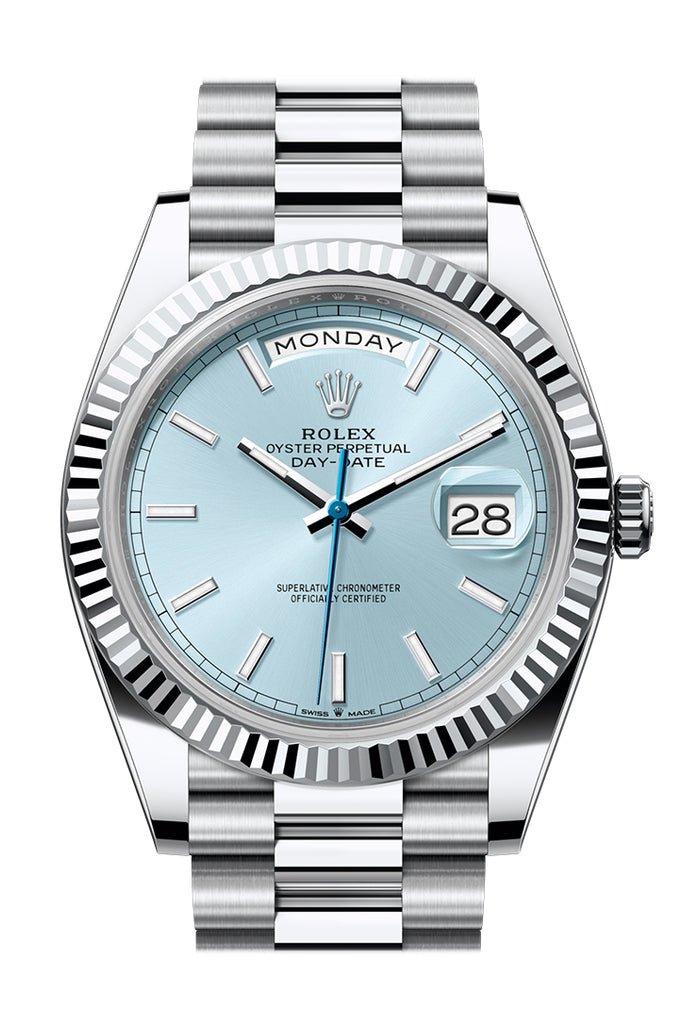Rolex Day-Date 40 Ice-Blue Dial Dial Fluted Bezel Platinum President Men’s Watch 228236