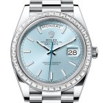 Rolex Day-Date 40 Ice Blue Dial Baguette Diamond Bezel Platinum President Men’s Watch 228396TBR
