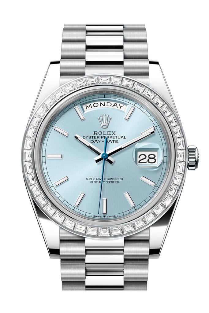 Rolex Day-Date 40 Ice Blue Dial Baguette Diamond Bezel Platinum President Men’s Watch 228396TBR