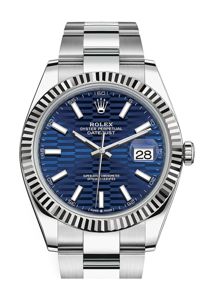 Rolex White Rolesor Datejust 41 Watch – Fluted Bezel – Bright Blue Fluted Motif Index Dial – Oyster Bracelet – 126334 blflmio