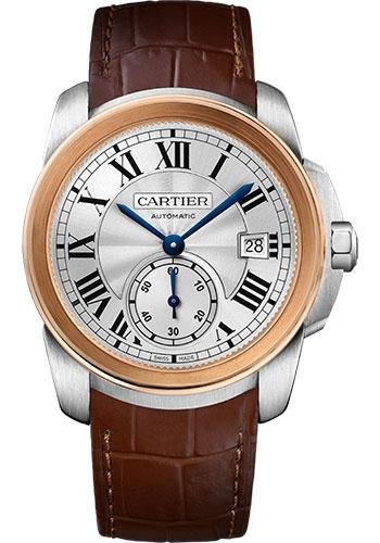 Cartier Calibre de Cartier Watch – 38 mm Steel Case – Pink Gold Bezel – Silvered Dial – Dark Brown Alligator Strap – W2CA0002