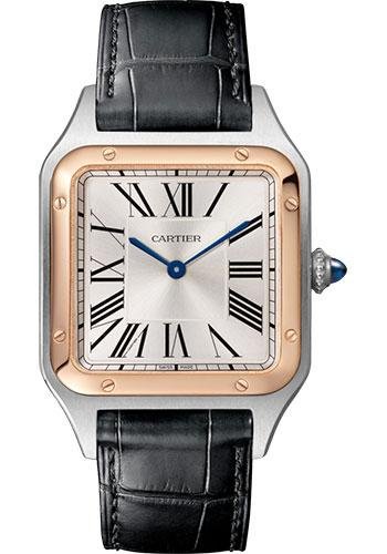 Cartier Santos-Dumont Watch – 43.5 mm Pink Gold And Steel Case – Silver Dial – Black Strap – W2SA0011
