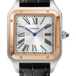 Cartier Santos-Dumont Watch – 46.6 mm x 33.9 mm Steel Case – Pink Gold Bezel – Silver Dial – Black Leather Strap – W2SA0017
