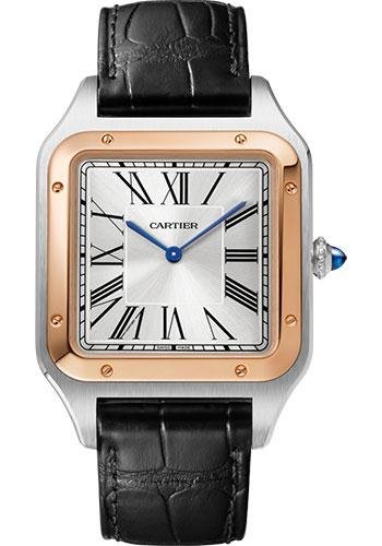 Cartier Santos-Dumont Watch – 46.6 mm x 33.9 mm Steel Case – Pink Gold Bezel – Silver Dial – Black Leather Strap – W2SA0017
