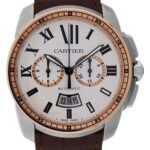 Cartier Calibre de Cartier Chronograph Watch – 42 mm Steel And Pink Gold Case – Silver Dial – Brown Alligator Strap – W7100043