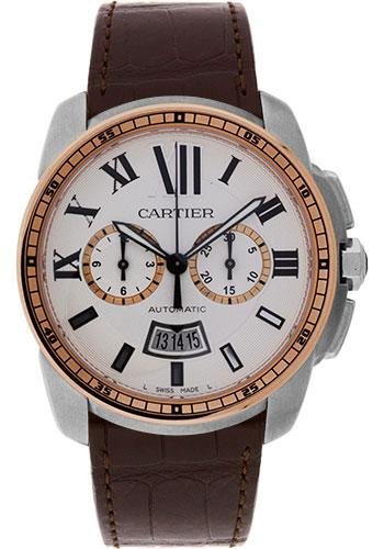 Cartier Calibre de Cartier Chronograph Watch – 42 mm Steel And Pink Gold Case – Silver Dial – Brown Alligator Strap – W7100043