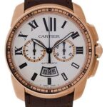 Cartier Calibre de Cartier Chronograph Watch – 42 mm Pink Gold Case – Silver Dial – Brown Alligator Strap – W7100044