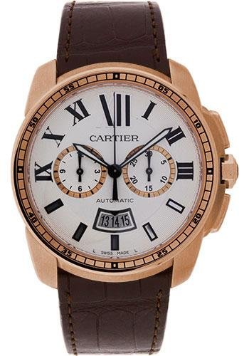 Cartier Calibre de Cartier Chronograph Watch – 42 mm Pink Gold Case – Silver Dial – Brown Alligator Strap – W7100044