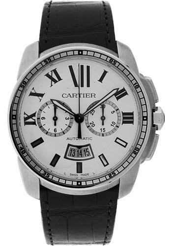 Cartier Calibre de Cartier Chronograph Watch – 42 mm Steel Case – Silver Dial – Black Alligator Strap – W7100046