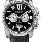 Cartier Calibre de Cartier Chronograph Watch – 42 mm Steel Case – Black Dial – Black Alligator Strap – W7100060