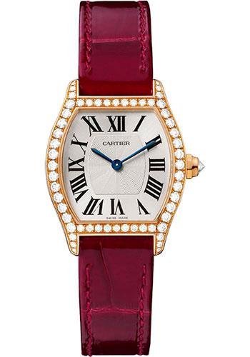 Cartier Tortue Watch – 30 mm Pink Gold Diamond Case – Bordeaux Alligator Strap – WA501006