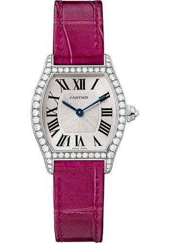 Cartier Tortue Watch – 30 mm White Gold Diamond Case – Fuchsia-Pink Alligator Strap – WA501007