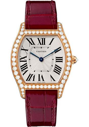 Cartier Tortue Watch – 39 mm Pink Gold Diamond Case – Bordeaux Alligator Strap – WA501008