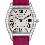 Cartier Tortue Watch – 39 mm White Gold Diamond Case – Fuchsia-Pink Alligator Strap – WA501009