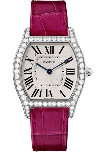 Cartier Tortue Watch – 39 mm White Gold Diamond Case – Fuchsia-Pink Alligator Strap – WA501009