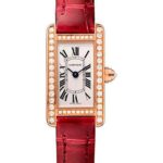 Cartier Tank Americaine Watch – 27 mm Pink Gold Diamond Case – Diamond Bezel – Diamond Dial – Red Strap – WB710014