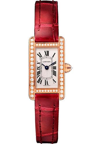 Cartier Tank Americaine Watch – 27 mm Pink Gold Diamond Case – Diamond Bezel – Diamond Dial – Red Strap – WB710014